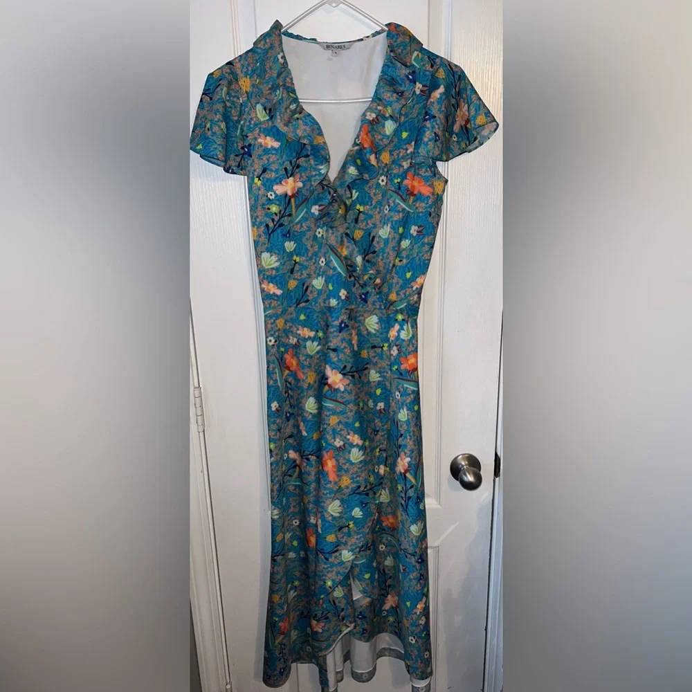 Benares Floral Wrap Maxi Dress Blue Orange Ruffle Detail Size S - Picture 2 of 6